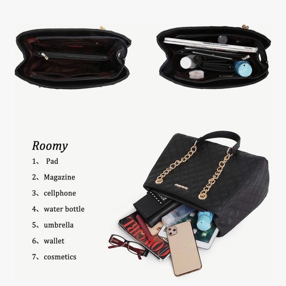 Montana West Quilted Black Tote with Gold Chain - Picture 3 of 5